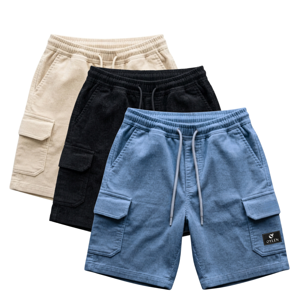 Oylen - Paket 3 Pcs Celana Pendek Cargo Unisex - Bahan Corduroy M L XL XXL