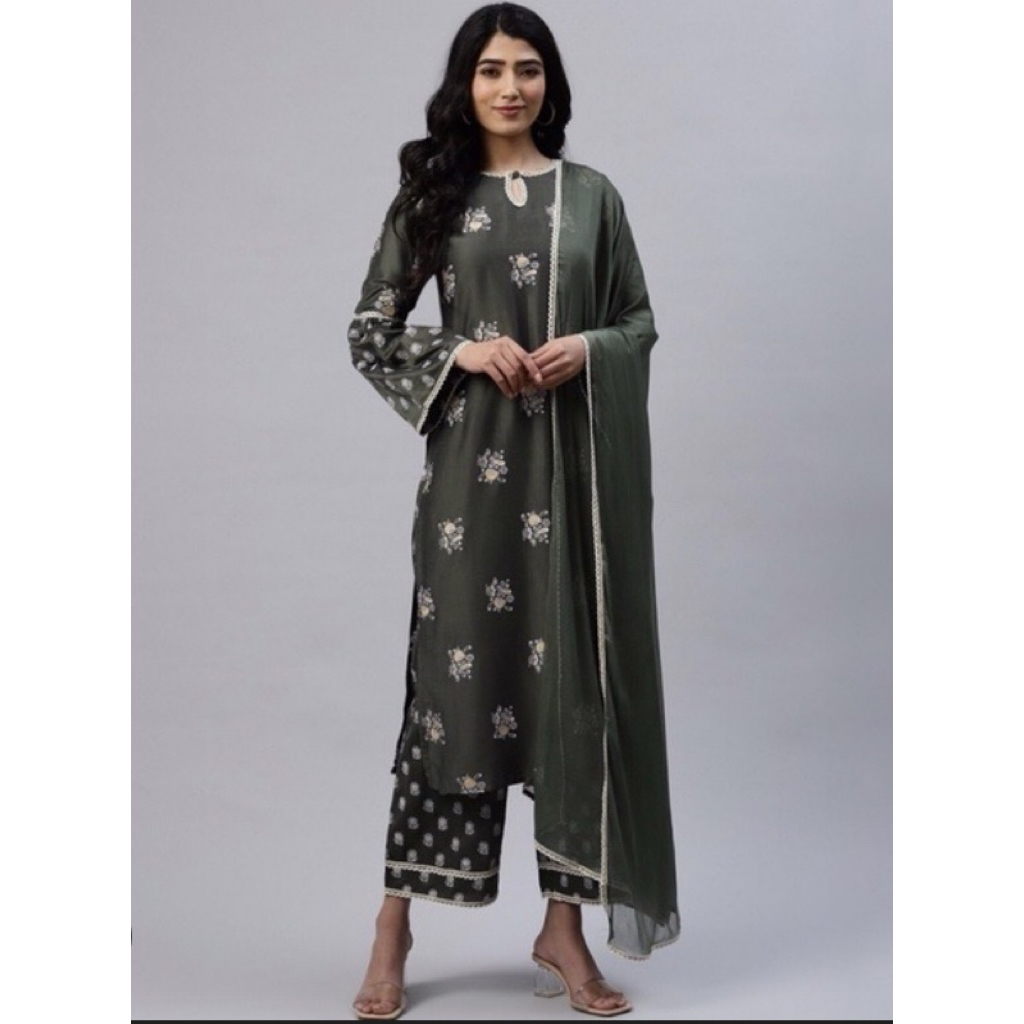 SET ANRKALI LIBAS KURTI SIZE M LD 100 CM WARNA OLIVE GREEN DENGAN CELANA PALAZO & DUPATTA BAHAN SUTR