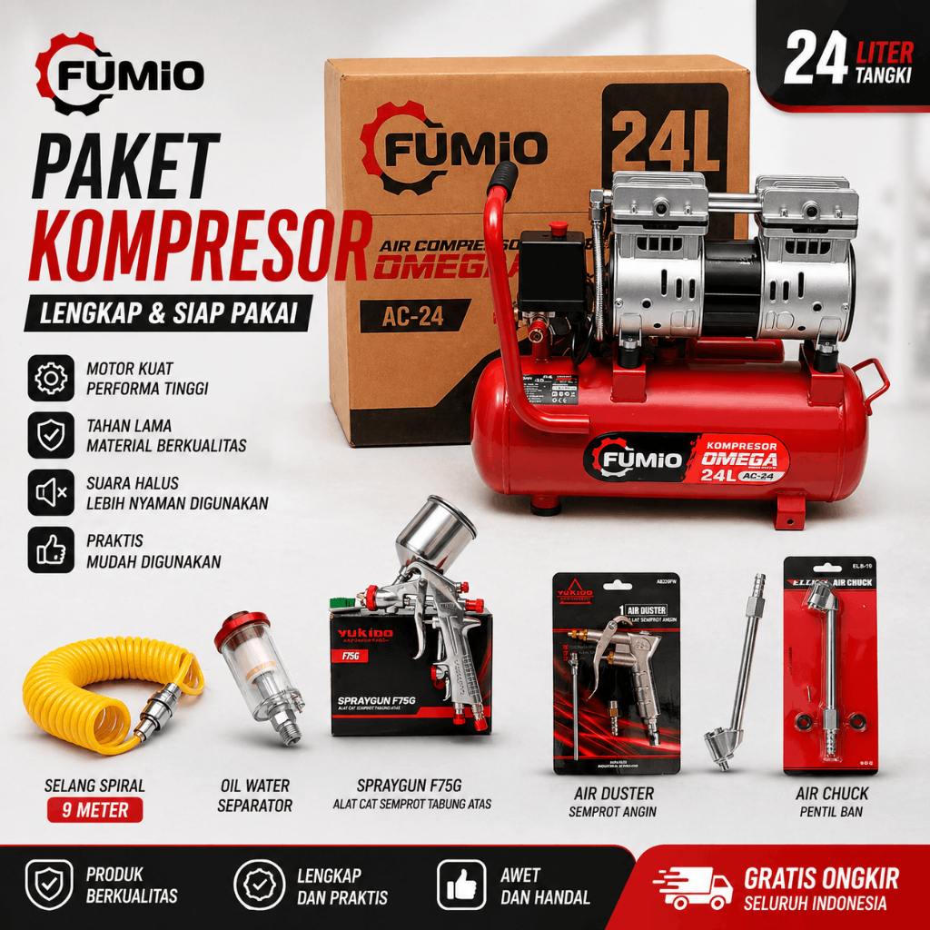GRATIS ONGKIR DAN COD Komplit Mesin Kompresor angin/listrik OILLESS 1HP 9 LITER Portable H&L PAKET K