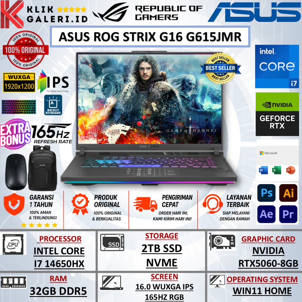 ASUS ROG STRIX G16 G615JMR INTEL I7 14650HX 32GB DDR5 2TB RTX5060-8GB 16.0 WUXGA 165HZ WIN 11 ORI