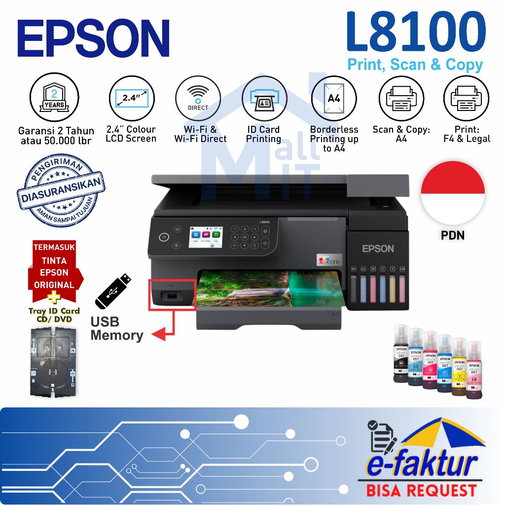 MALLIT EPSON Printer Epson L8100 L-8100 Printer Foto A4 ID Card Wireless WiFi Direct Print Scan Copy