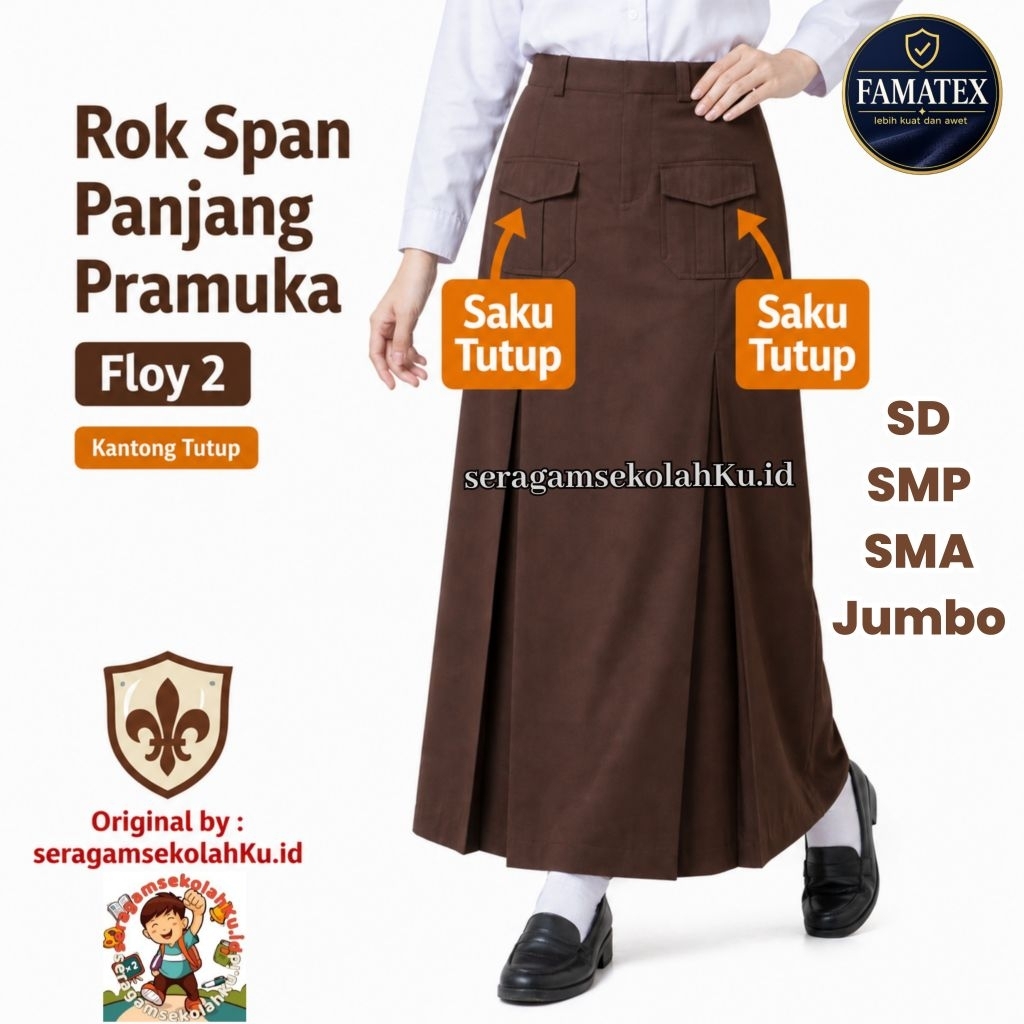 Rok Panjang Span Belah Dua Kantong Saku Depan Tutup Floy 2 Coklat Pramuka Seragam Sekolah SD SMP
