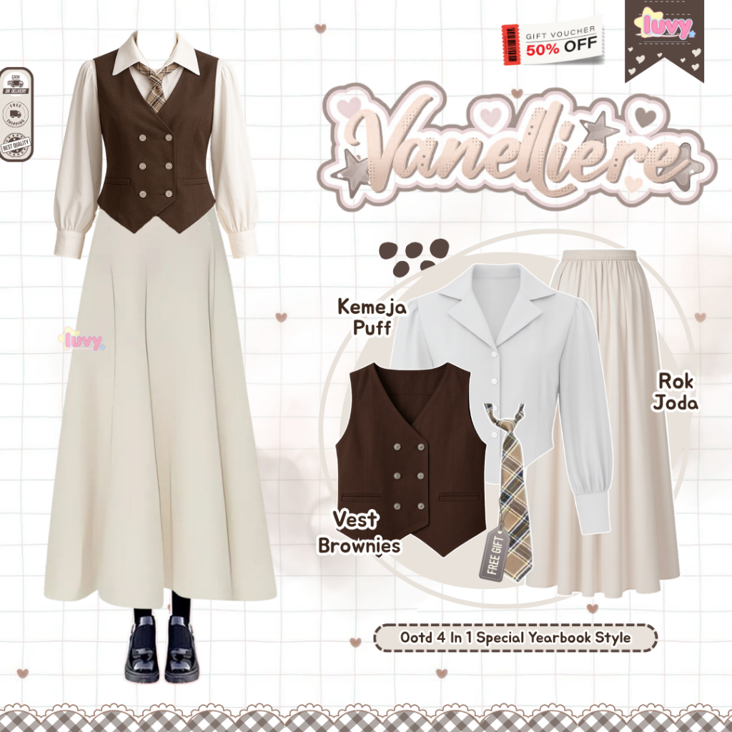 Vintage Yearbook Outfit Wanita 4in1 ( Kemeja Crop, Vest Brownies, Rok Joda Ivory ) One Set Vintage &