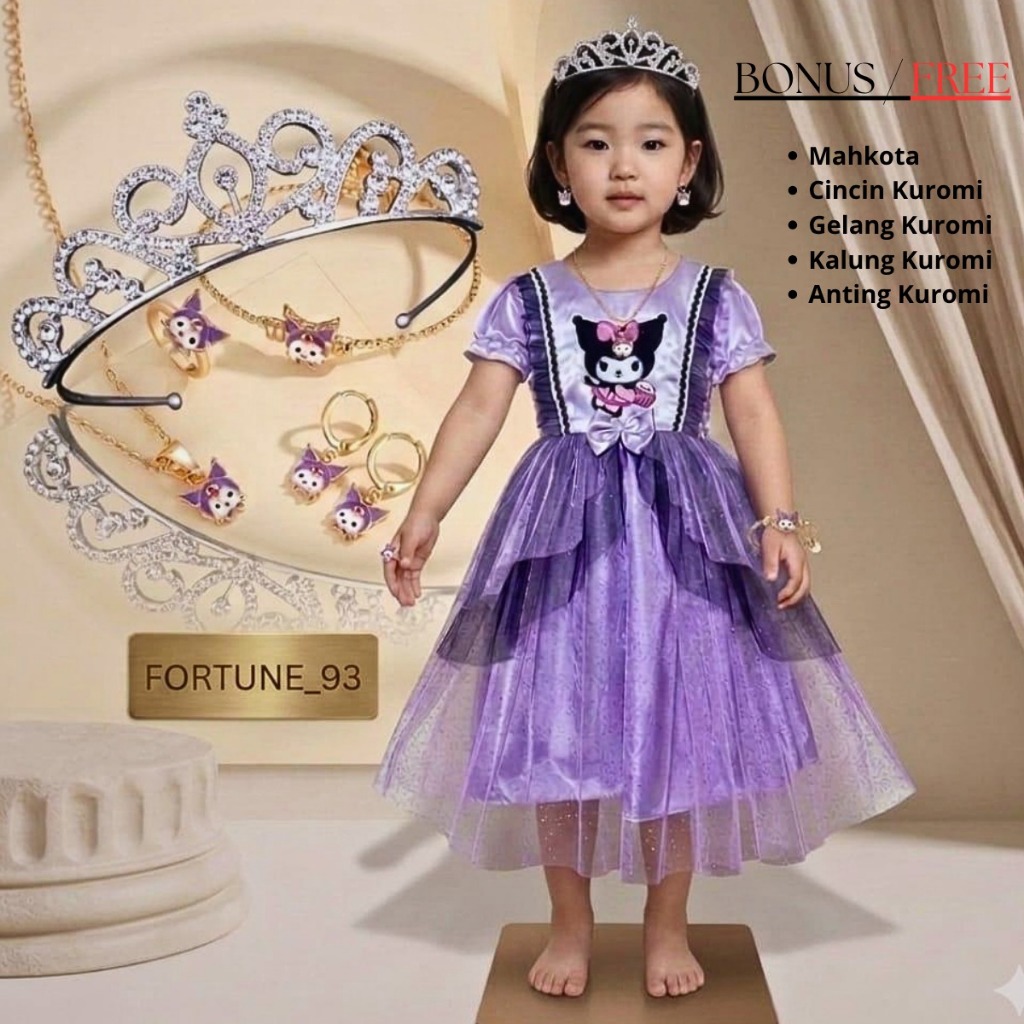 ( FREE BANDO & ACSESORIES KUROMI ) Gaun ultah kuromi anak perempuan import dress kuromi anak gaun pe