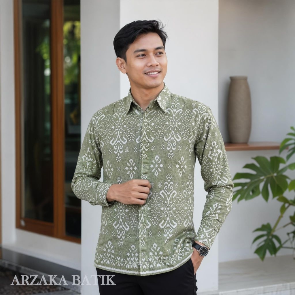 Batik pria couple ayah dan anak motif warna sage motif songket bahan katun solo premium lengan panja