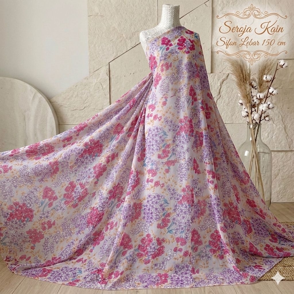 Kain Sifon Ceruty Motif Bunga Sakura - Lebar 150cm Aj