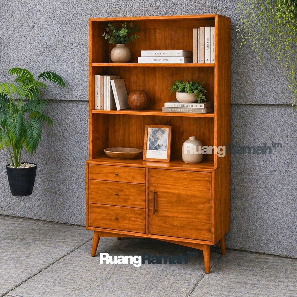 Lemari Rak Buku Kayu Jepara Modern | Lemari Hias Minimalis Aesthetic | Rak Buku Kayu Solid Multifung