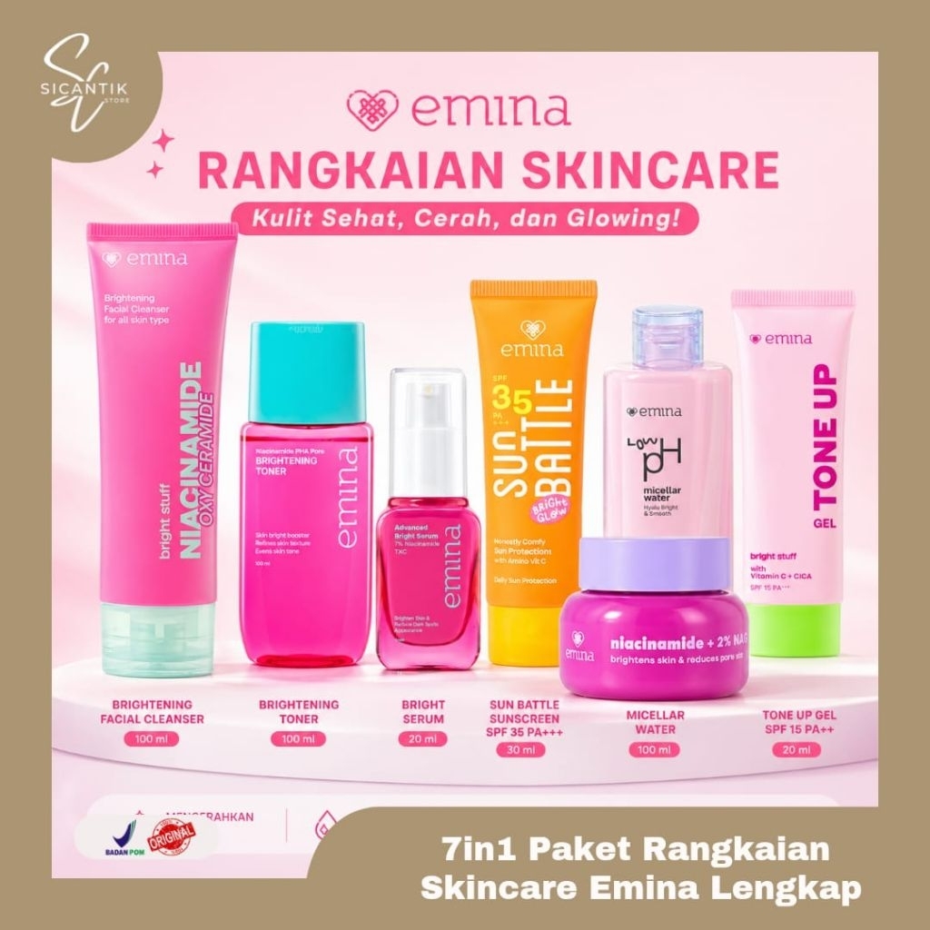 Paket Skincare Emina 1 Set Isi 7 Pcs Produk Lengkap Daily Skincare | Emina Moisturizer Water Gel Ser