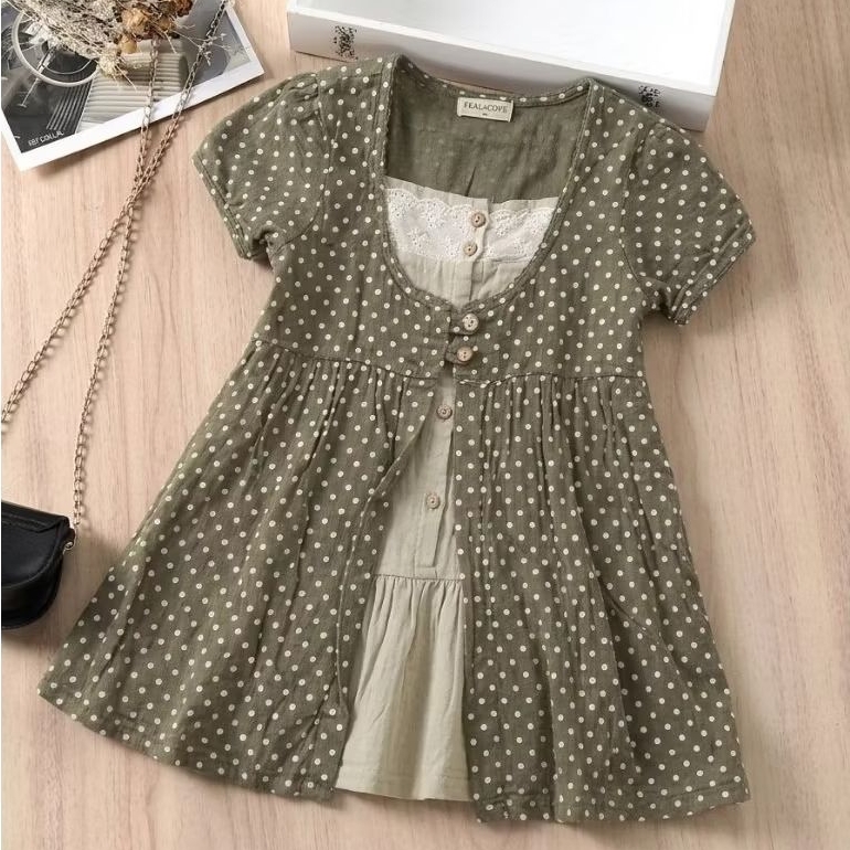 Dress Anak Vintage Polkadot Korean Style (Earth Tone)