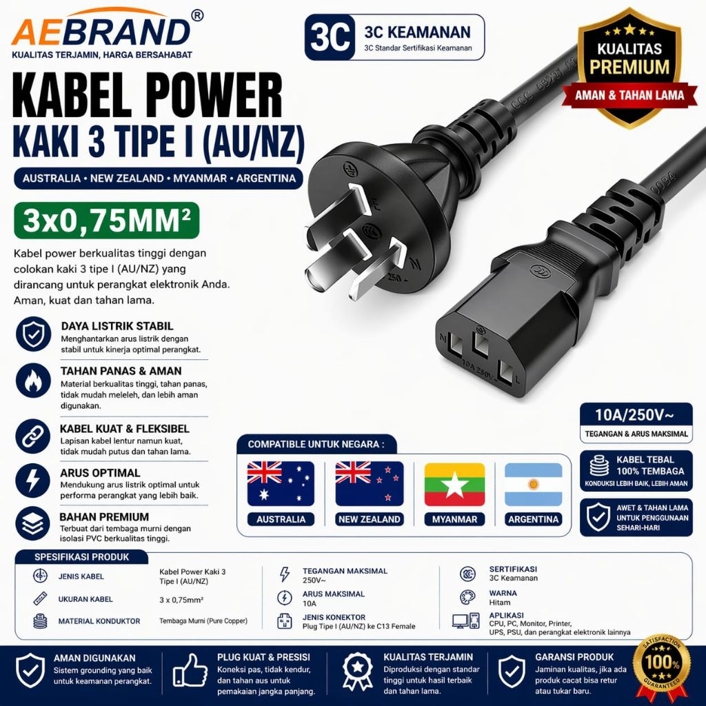 AEBRAND KABEL POWER KAKI 3 TIPE I AUSTRALIA NEWZELAND MYANMAR CHINA MYANMAR - CABLE POWER AUSTRALIA 