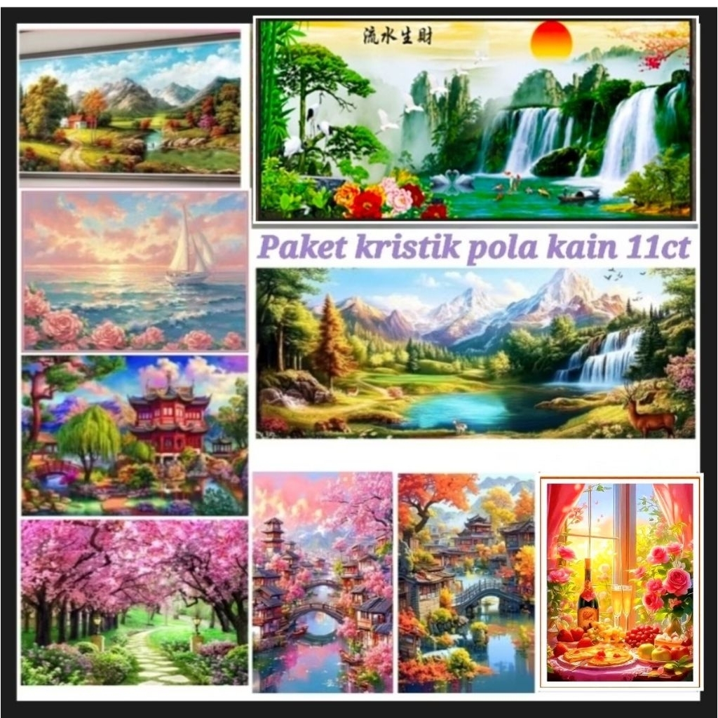 (READY) DIY Crossstitch kit paket kristik Pemandangan Bunga hewan Yesus Kuda Ikan koi Bunga Merak Ja