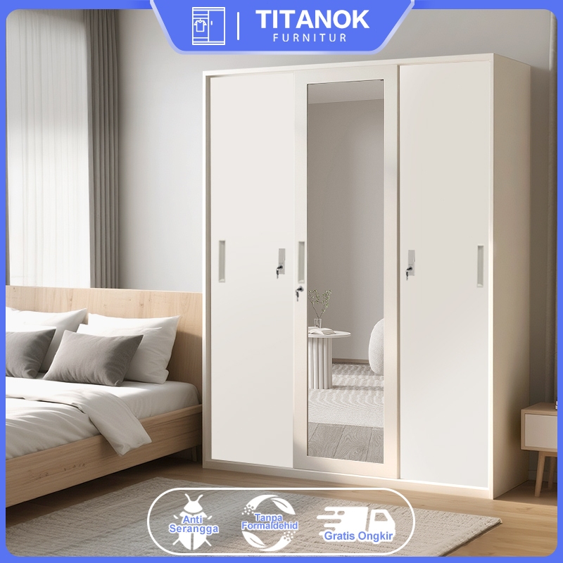 Titanok Official Lemari Pakaian Besi 3 Pintu Sliding Jumbo - 150cm 2 Batang Rak Baju