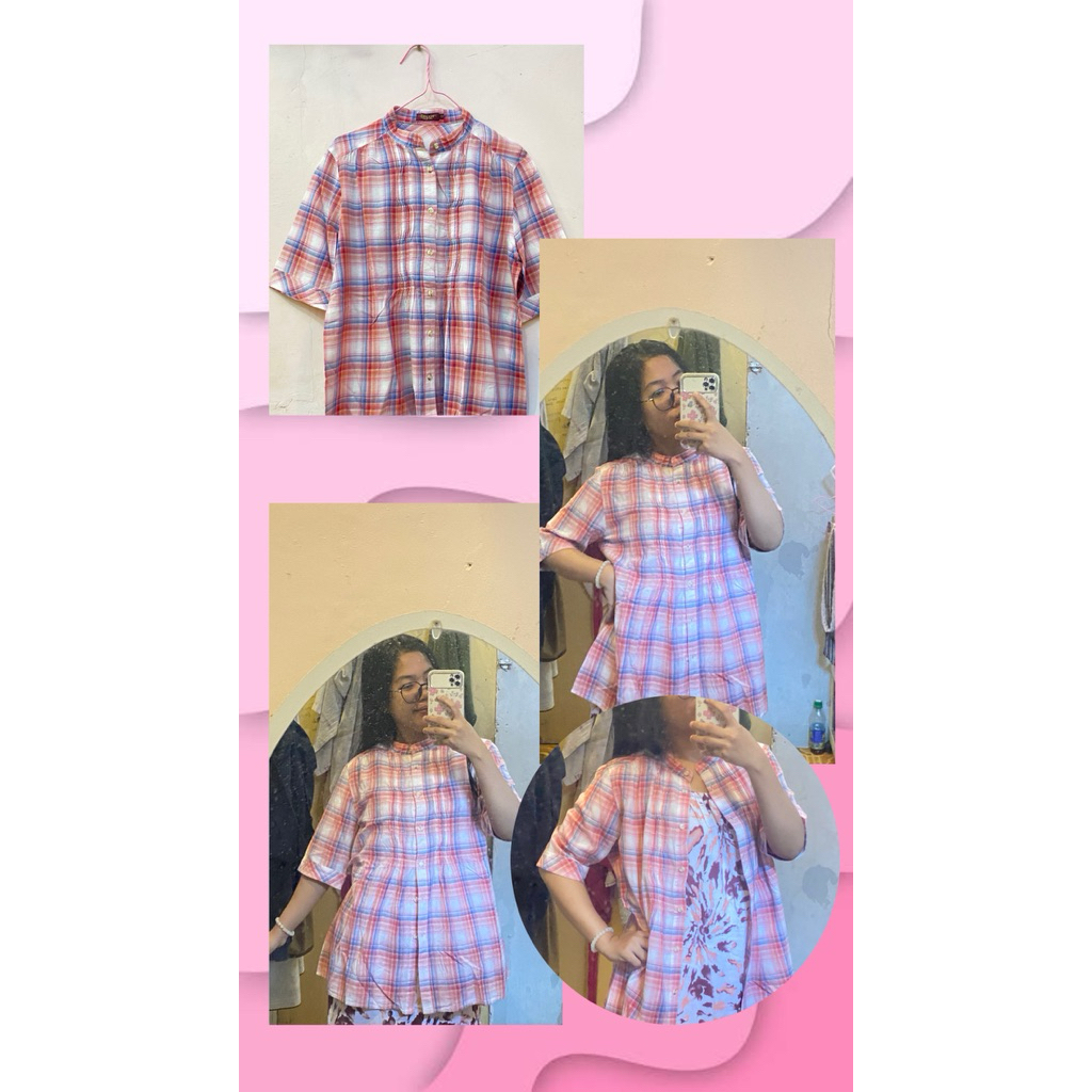 kemeja wanita casual kotak kotak|| pink casual klasik