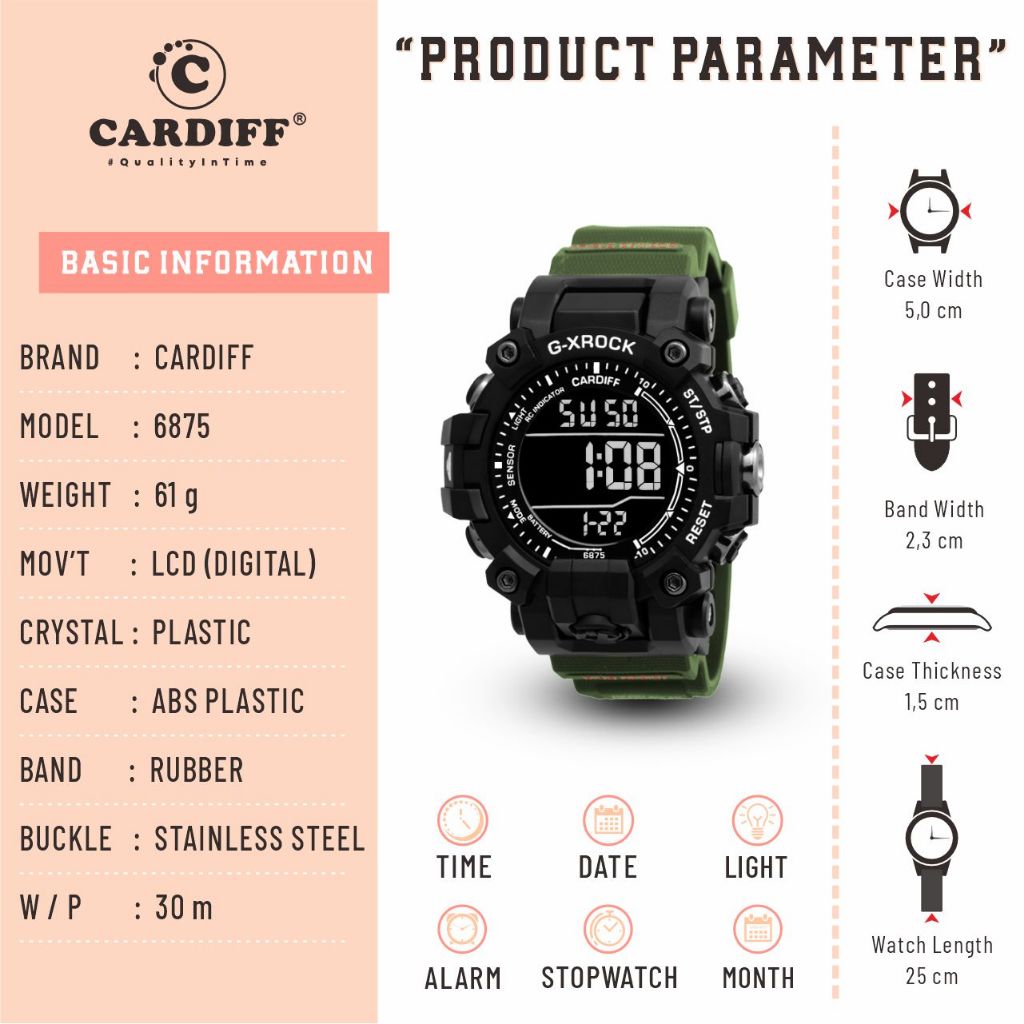 CARDIFF Jam Tangan LCD Karet 6875 | Digital | Pria | Tahan Air | 3ATM