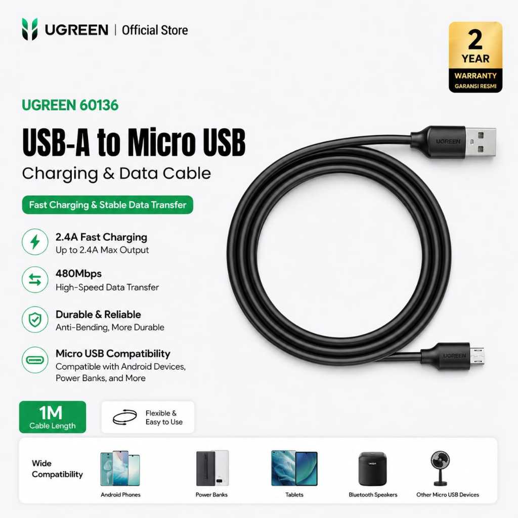KABEL UGREEN USB MICRO || KABEL CHARGER UGREEN USB KE MICRO