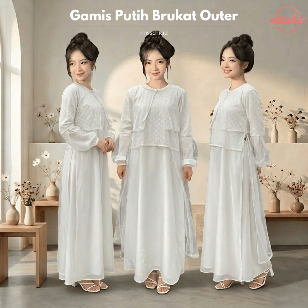 Gamis Putih Brukat Outer Wanita Muslim CHIC 58 Lengan Panjang All Size