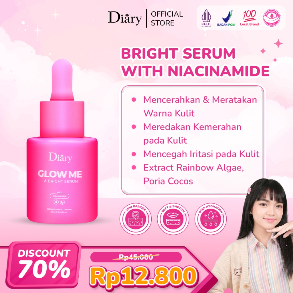 Diary Glow Me Skincare Whitening Vitamin E UVA+UVB Mencerahkan Melembabkan Wajah Sabun Day Cream Nig