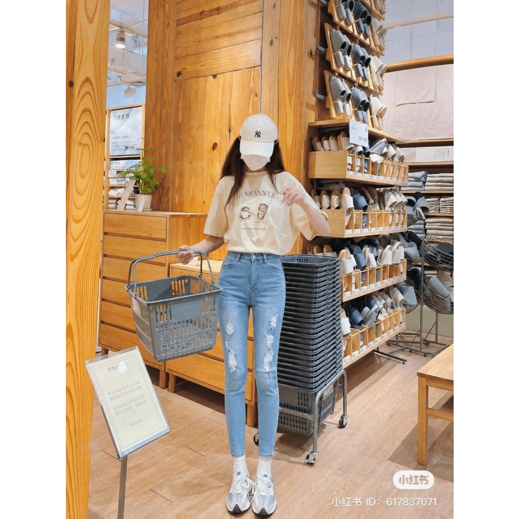 Celana Ripped Jeans (Armani Exchange) Stretch High Waist Wanita