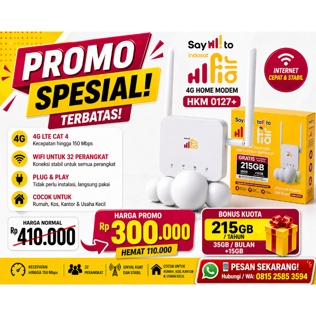 Modem WiFi 4G Indosat HiFi Air HKM 0127+ Router Rumah 32 Device Bonus Kuota 215GB