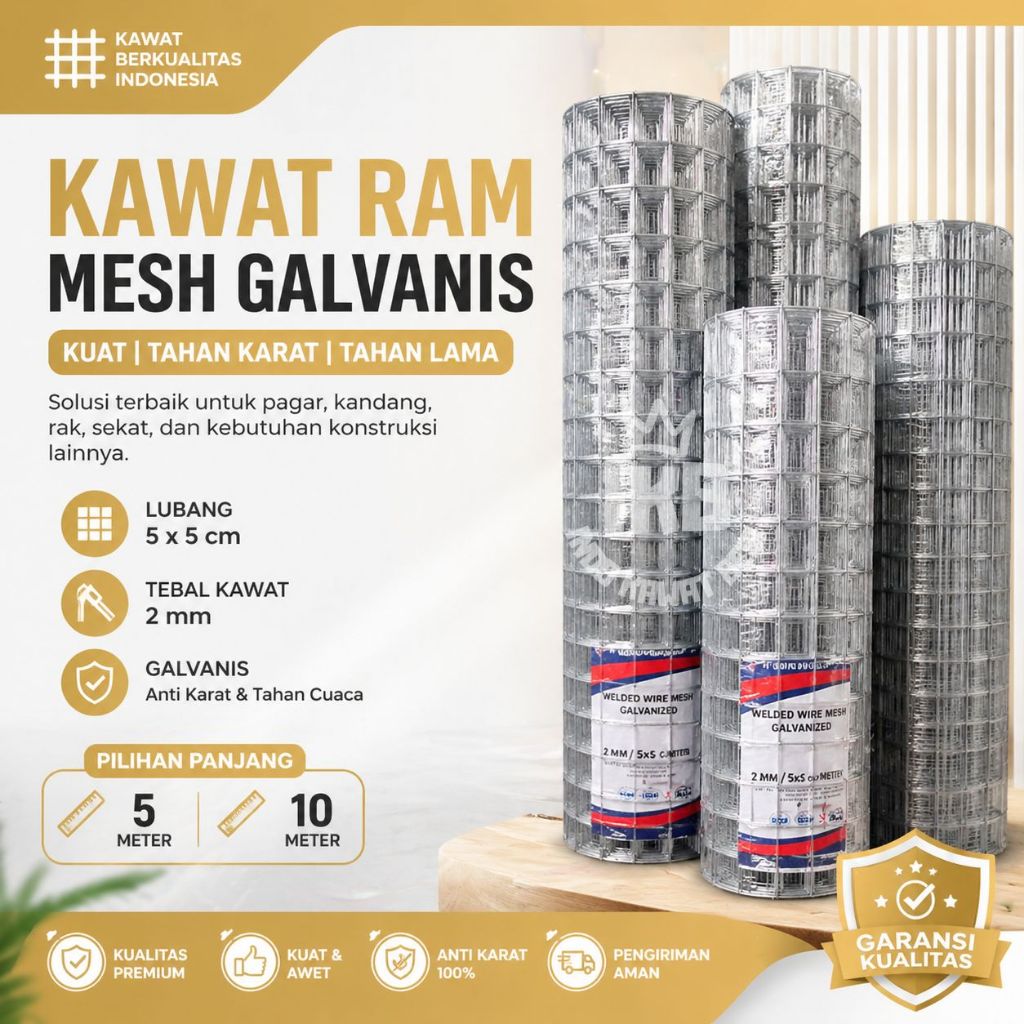 Kawat Ram Mesh Galvanis Roll Tebal Kawat 2 mm Panjang 5m - 10m Lubangan 5 x 5cm Variasi Ukuran | Bes