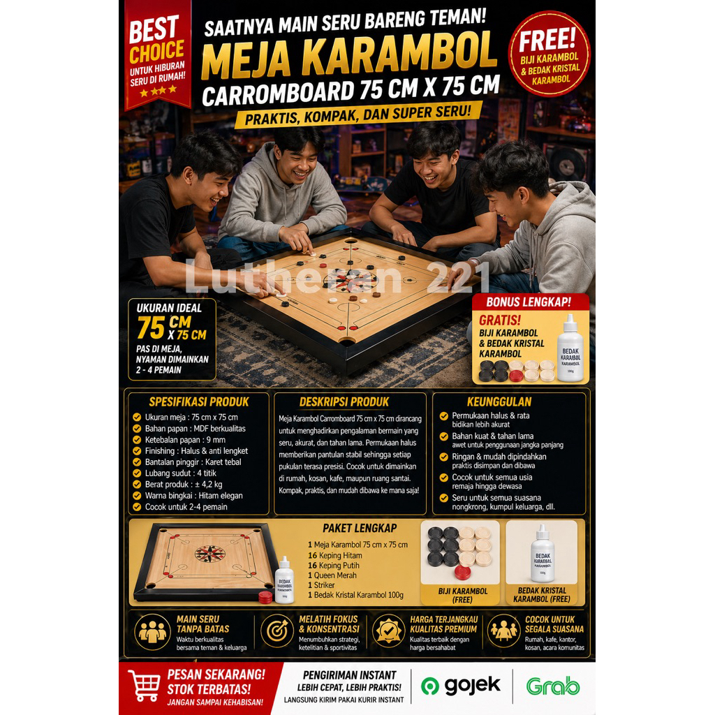 Meja Karambol Carromboard 75x75 cm Kayu Premium + FREE Biji & Bedak Kristal | Carrom Board Mini Kual