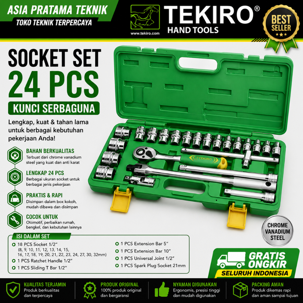 Kunci Sok Set TEKIRO 24 PCS  8-32 MM  BOX PLASTIK - Mata Shock Socket 8 - 32 MM 24 Biji 8mm