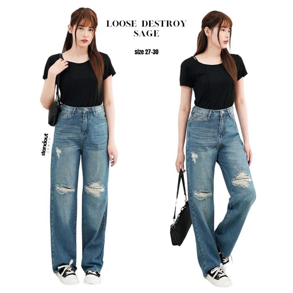 ZYSO - Loose Jeans Denim Highwaist Wanita Size 27-34 - Celana Kulot Jeans Loose Destroy Sage & Snow