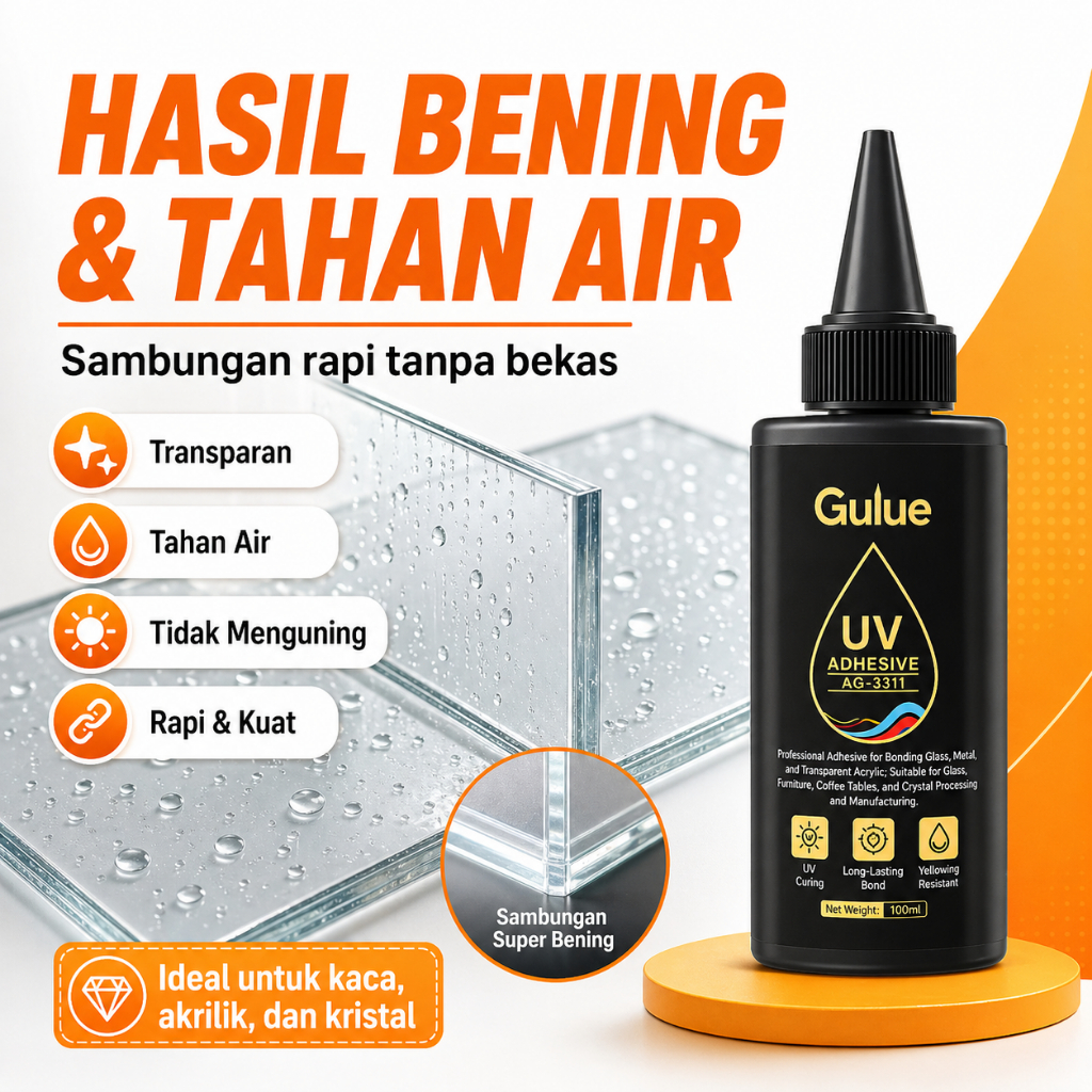Lem UV Adhesive 50G Bening Transparan Tahan Air Anti Kuning untuk Kaca Akrilik Kristal Logam - Gulue