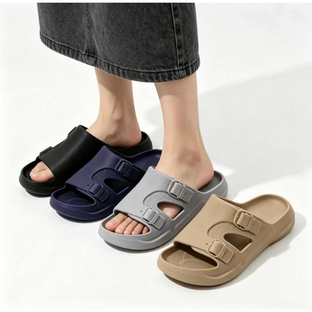 Sandal Slide Dua Gesper Bisa Diatur Unisex Pria Wanita Sandal Santal Bantalan Empuk Bahan EVA Flat R