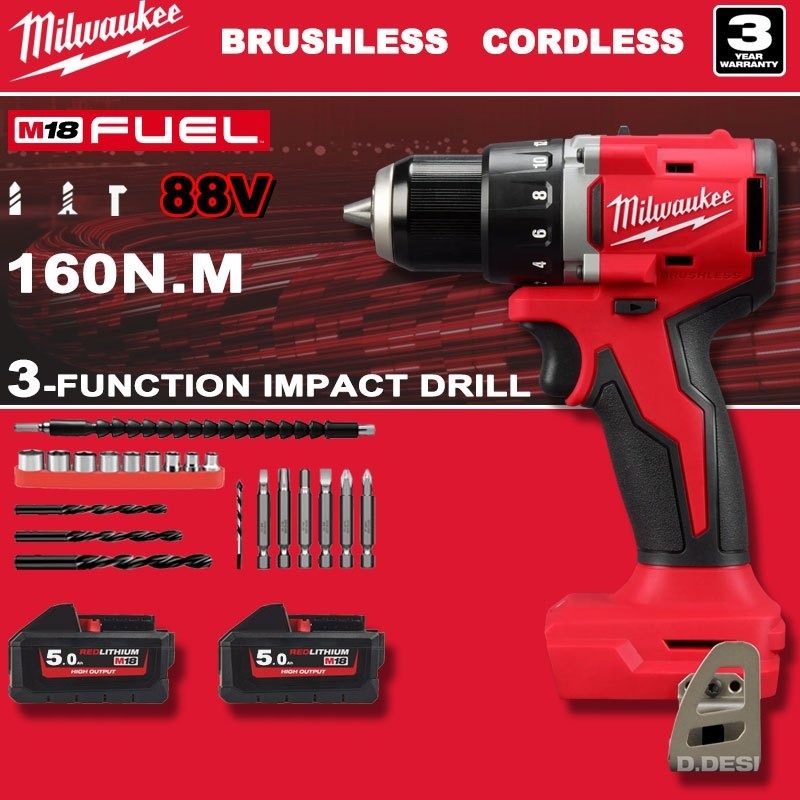 Hadiah Gratis Milwaukee Original Bor Impact Tanpa Kabel 88V Set 24 PCS Dilengkapi 2 Baterai Obeng Is