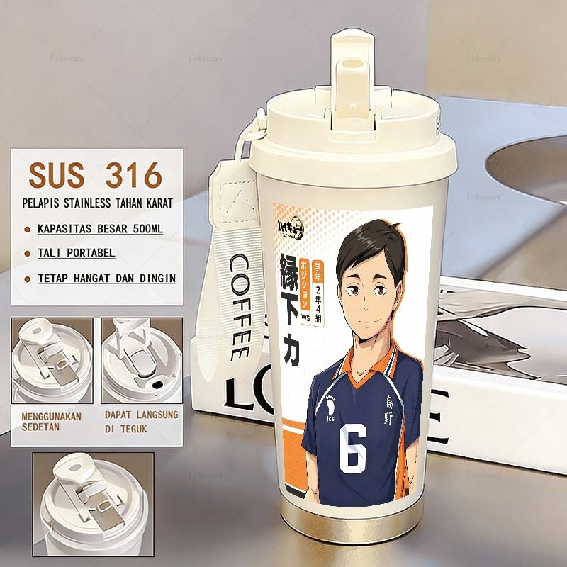 Tumbler Anime Haikyuu Ennoshita Riki 500ml Stainless Steel 316 Portabel 2 Mode Minum 4 Warna Kopi Bo