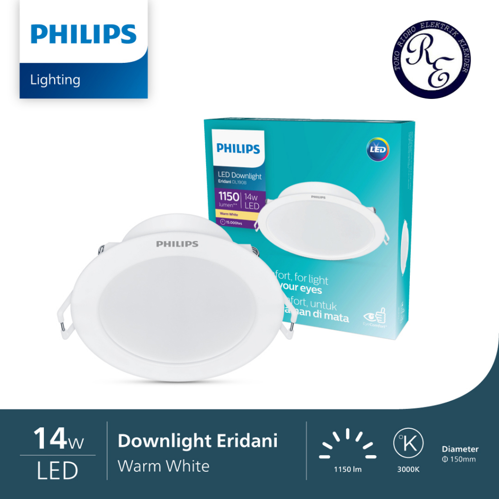 Lampu Philips LED Eridani DL190B Downlight 14 Watt - Cahaya Putih 6500K, Semi Putih 4000K, Kuning 30