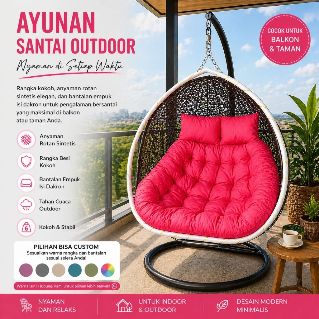 Ayunan Rotan Semi Jumbo Premium Kursi Gantung Estetik Balkon & Taman | Rangka Besi Super Kokoh + Ban