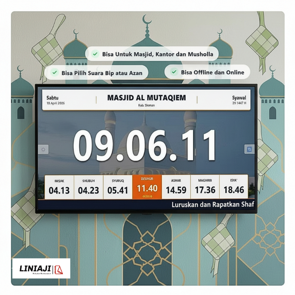 LINIAJI - Jam Digital Masjid Untuk TV / Jadwal Sholat Running Text, Kegiatan, Laporan Tampilan TV