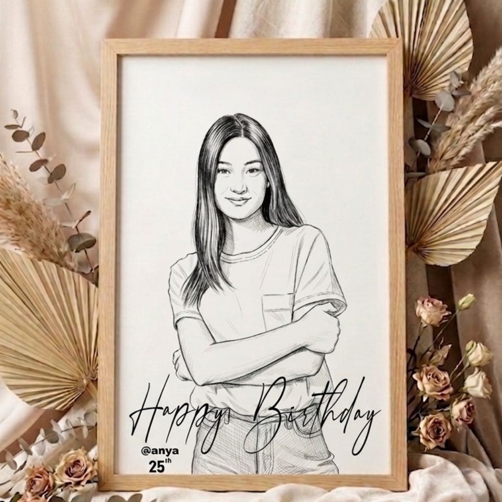 Hadiah kado ulangtahun bingkai foto kayu estetik foto sketsa hitam putih lukisan pensil tanpa kaca