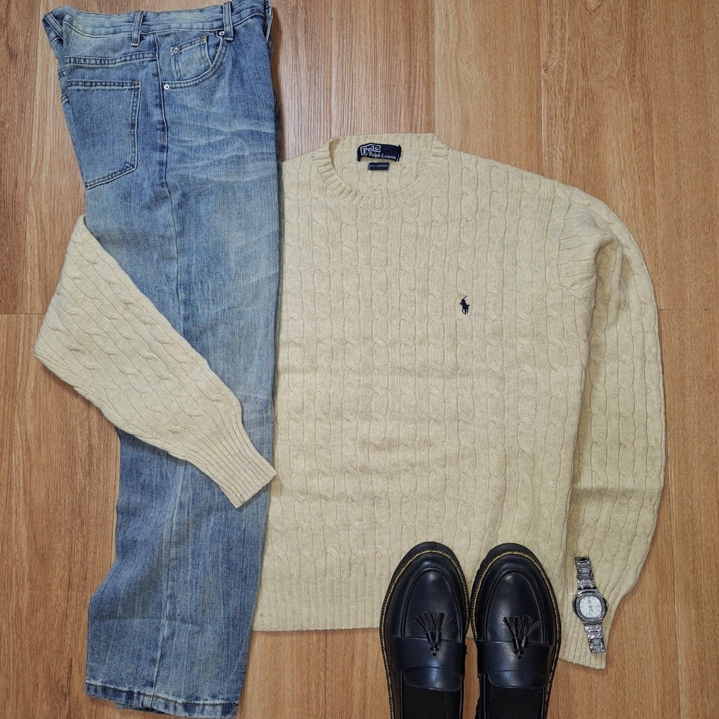Sweater Cable Knit Ralph Lauren Beige Pria Wanita Wool Original