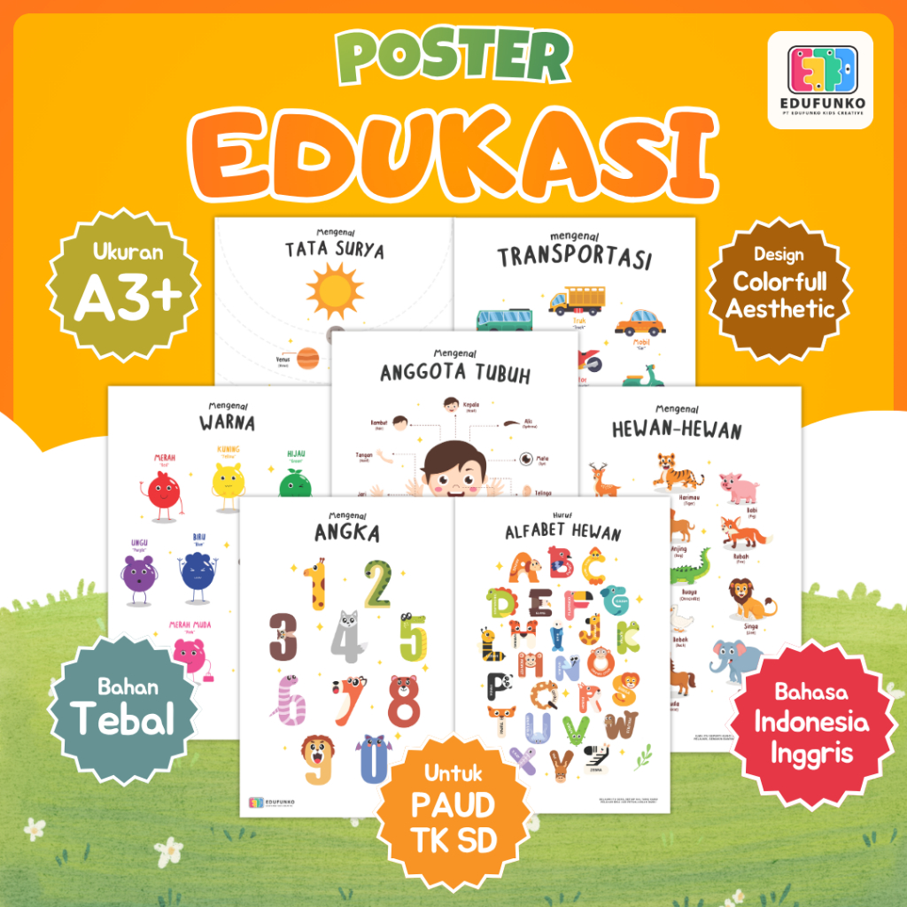 Poster Edukasi Anak Belajar ABC Angka Warna Hewan Untuk Balita PAUD TK SD | Dekorasi Kamar Anak