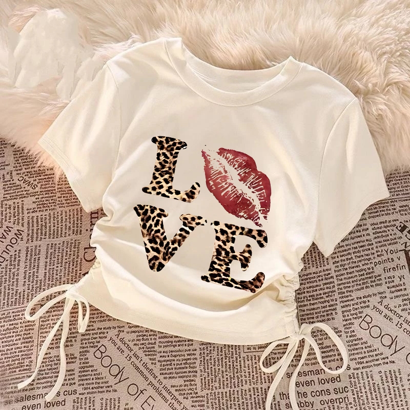 TGNS.Tali serut  kaos Hitam Vintage Retro LOVE  t shirt  korea Wanita Baju Crop Top/368