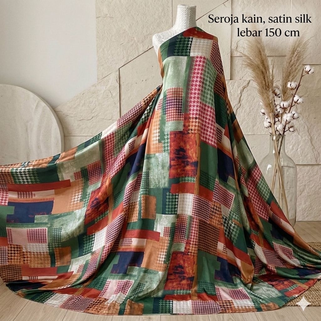 Kain Satin Silk Motif Abstrak Premium - Lebar 150cm Lq