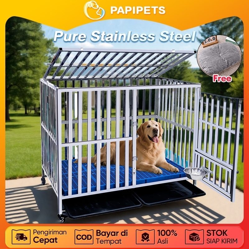 PAPIPETS Kandang Anjing Besi Stainless Anti Karat Kuat dan Tebal Tabung Persegi untuk Anjing Besar