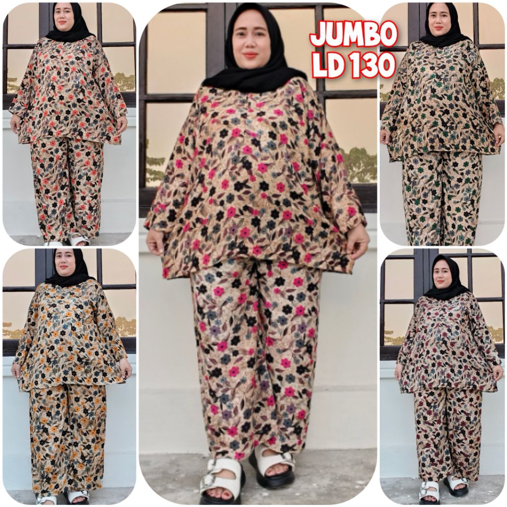 One Set Wanita Jumbo LD130 Motif Floral - Tunik Oversize Celana Kulot Big Size Bahan Rayon Premium