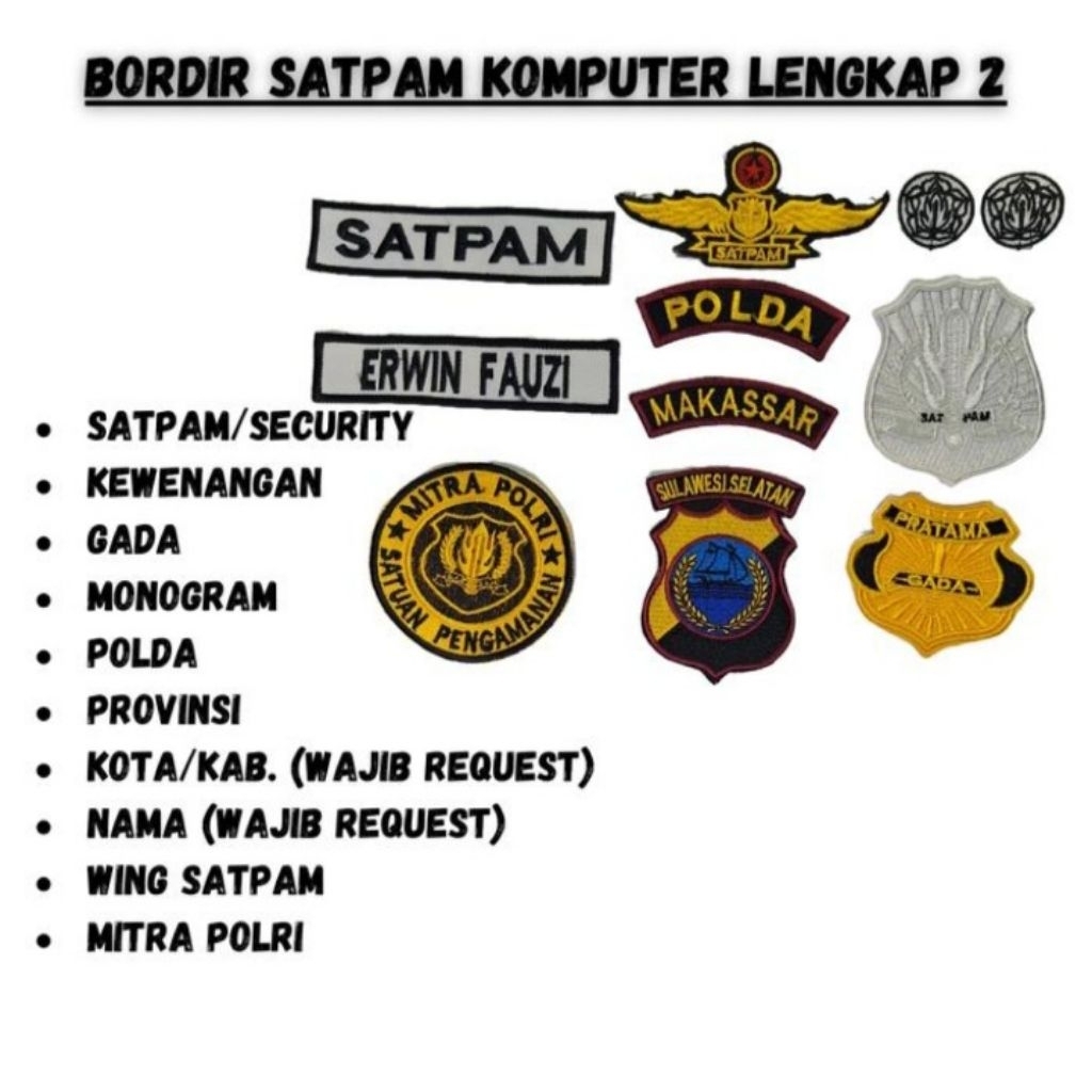 Bordir Satpam Security Lengkap Bordir Timbul Bordir Komputer Nama Satpam Security