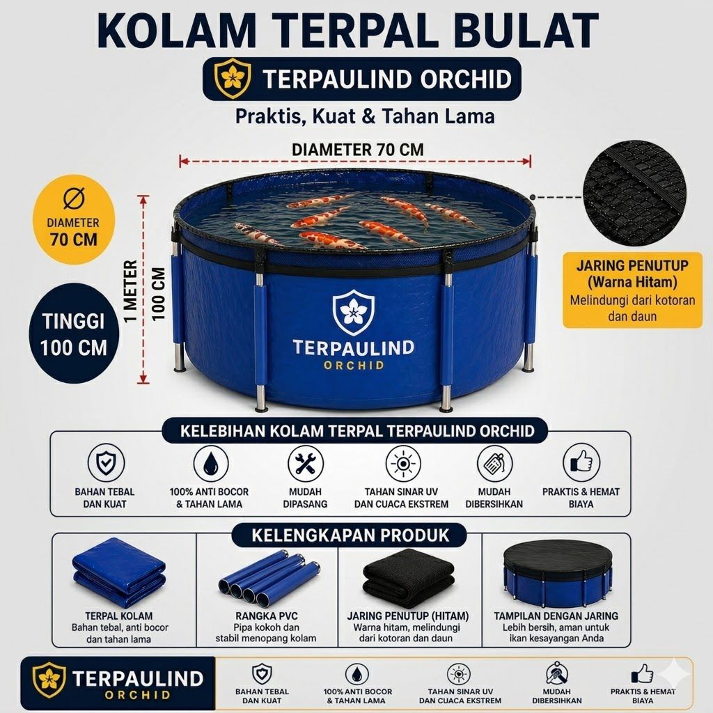Kolam terpal bulat Diameter 70Cm tinggi 1M full set untuk ikan lele koi hias merk orchid