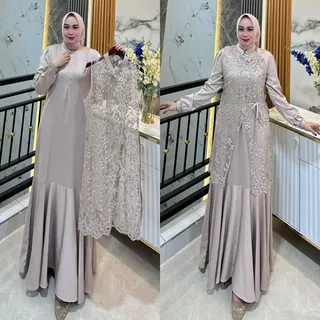 VANIA DRESS Setelan Gamis Brokat 2in1 Modern –Kombinasi Dress Polos & Outer Brokat Full Detail 2026