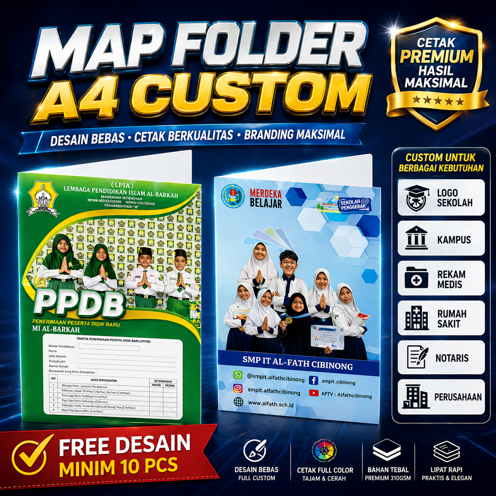 Map Folder A4 Custom Logo Sekolah, Kampus, Rekam Medis, Rumah Sakit, Notaris, Perusahaan