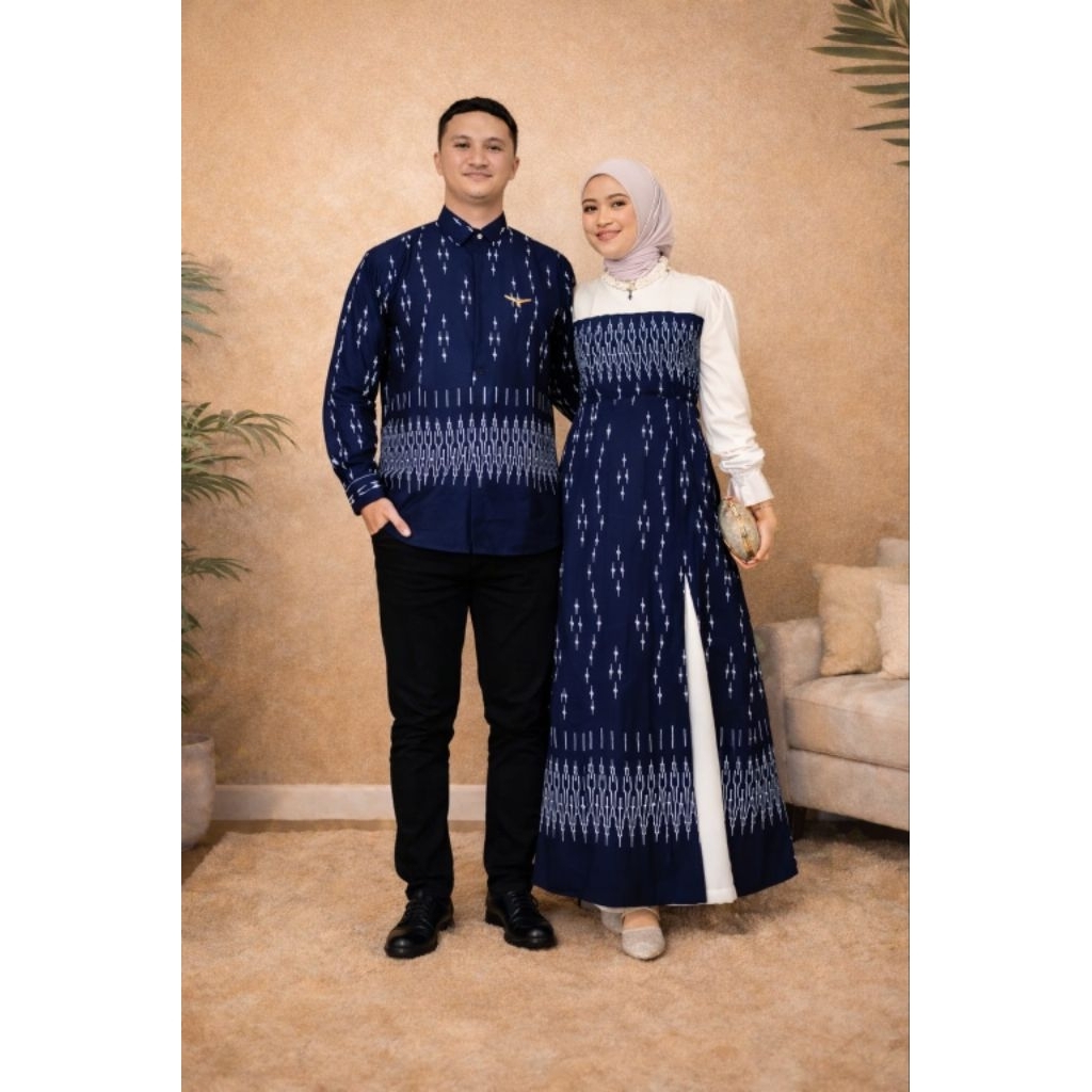 Gamis Dress Etnik Tenun Premium Remaja Wanita Warna Putih Navy Gamis Tenun Etnik Kombinasi