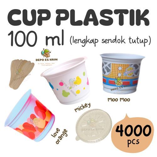 GROSIR 4000pcs Cup Es Krim Puding Jelly Agar-agar Plastik 100 ml + Tutup Sendok Super Hemat