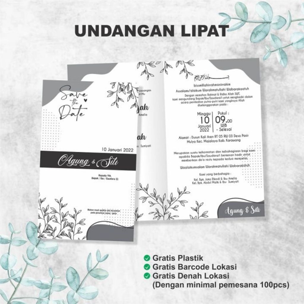 Undangan Pernikahan Lipat Dua art paper 150 gsm, Desain Elegan & Fullcolour