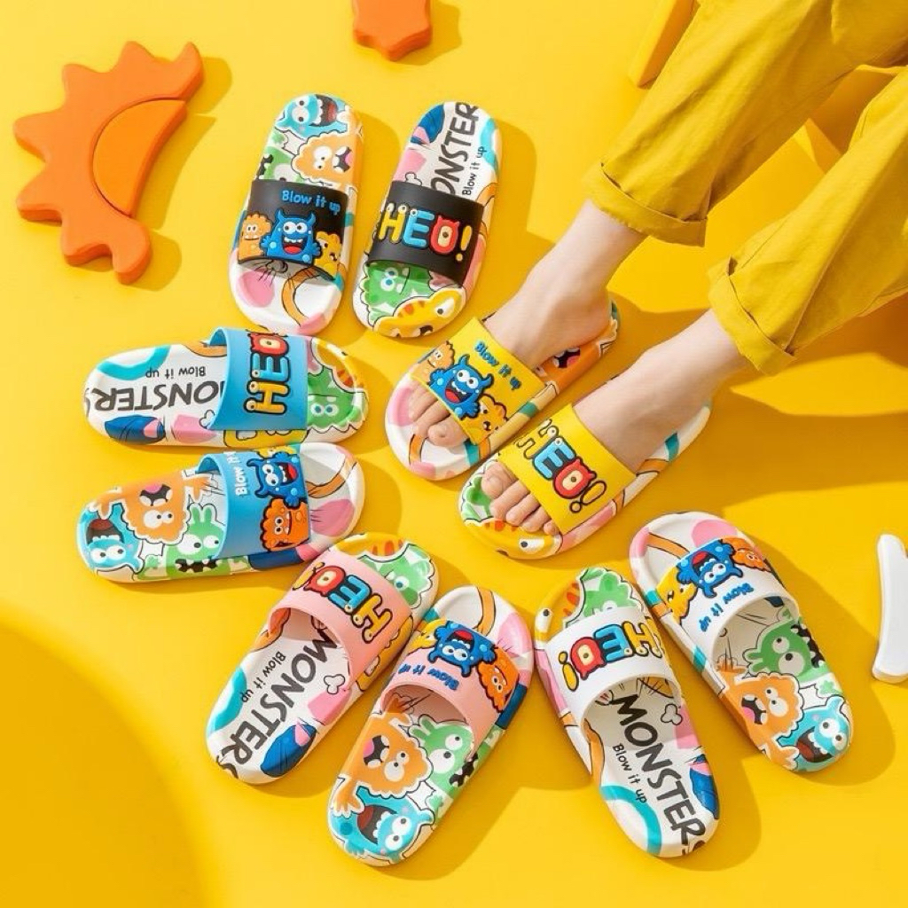 Sandal Slop Anak Import Motif Heo Mosnter Full Karet Cewek Cowok Terbaru Usia 2 - 10 Tahun