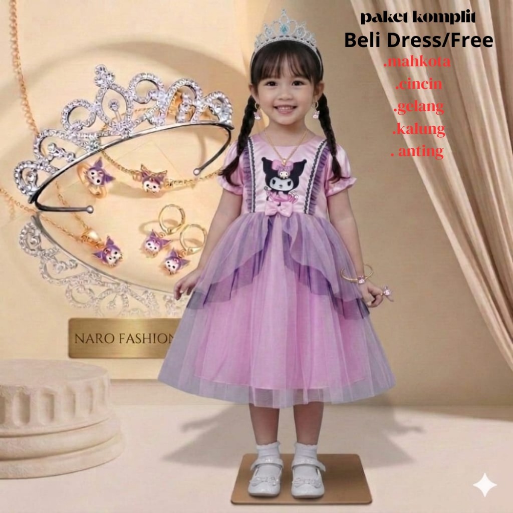 ( FREE MAHKOTA & ACSESORIES KUROMI ) Gaun ultah  kuromi anak perempuan import korean style usia 3 - 